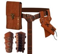 JDFAIJEAL Medieval Knight Accessories Kit - 4PCS PU Leather Belt, Arm Bracers, Rectangular Pouch & Sword Frog Set for Men & Women (Viking/Nordic Style, Unisex Costume) (Brown)