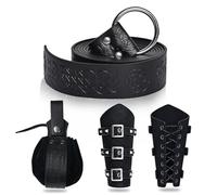 JDFAIJEAL Medieval Knight Accessories Set for Men & Women - Renaissance PU Leather Belt, Adjustable Arm Bracers,Vintage Waist Pouch | Retro Medieval Costume Accessories Kit (Black)