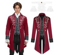 JDFAIJEAL Medieval Men's Steampunk Tailcoat,Vintage Victorian Gothic Tailcoat,Halloween Pirate Vampire Cosplay Costumes(Red,L)