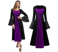JDFAIJEAL Renaissance Costume Women Medieval Dress with Trumpet Sleeve Gothic Steampunk Dress Halloween Carnival Halloween Party Vampire Cosplay (Black Purple, M)