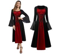 JDFAIJEAL Renaissance Costume Women Medieval Dress with Trumpet Sleeve Gothic Steampunk Dress Halloween Dress Carnival Halloween Party Vampire Cosplay (Black Red, L)