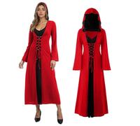 JDFAIJEAL Vintage Witch Dress,Vampire Hooded Dress Witch Costume,Women Renaissance Medieval Clothing,Halloween Carnival Retro Vampire Hooded Costume (Red Black, S)