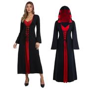 JDFAIJEAL Vintage Witch Dress,Vampire Hooded Dress Witch Costume,Women Renaissance Medieval Clothing,Halloween Carnival Retro Vampire Hooded Costume(Black Red, XL)
