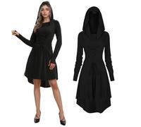 JDFAIJEAL Women Gothic Medieval Dress,Renaissance Hooded Long-Sleeved Retro Costume,Elf Costume Cosplay Halloween Carnival Costume(Black, L)