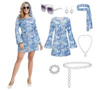 JDFAIJEAL Women's 70s Disco Dress with Geometric Sequins, Scarf & 5-Piece Accessory Set,Long Sleeve Bell Sleeve,1960s Party Costume, Halloween, Carnival,Retro Dress (Blue, M)