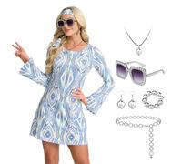 JDFAIJEAL Women's 70s Disco Dress with Geometric Sequins, Scarf & 5-Piece Accessory Set,Long Sleeve Bell Sleeve,1960s Party Costume, Halloween, Carnival,Retro Dress (Yellow, L)