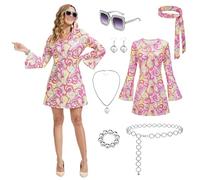 JDFAIJEAL Women's 70s Disco Dress with Geometric Sequins, Scarf & 5-Piece Accessory Set,Long Sleeve Bell Sleeve,1960s Party Costume, Halloween, Carnival,Retro Dress (Pink, S)