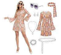 JDFAIJEAL Women's 70s Disco Dress with Geometric Sequins, Scarf & 5-Piece Accessory Set,Long Sleeve Bell Sleeve,1960s Party Costume, Halloween, Carnival,Retro Dress (Orange, XXL)