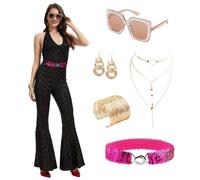 JDFAIJEAL Women's Disco Jumpsuit with Sequins, Flare Pants & Belt, 70s 80s Retro Party Outfit (Black, L)