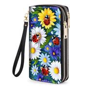 JDHJFBFJNP Women's Large Capacity Wallet PU Leather Zipper Clutch Purse for Cash/Card/Coin/Smart Phone, Daisy Flowers Ladybug, Two Zipper Wallet