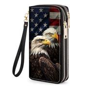 JDHJFBFJNP Women's Large Capacity Wallet PU Leather Zipper Clutch Purse for Cash/Card/Coin/Smart Phone, American Flag Bald Eagle, Two Zipper Wallet