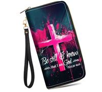 JDHJFBFJNP Women's Large Capacity Wallet PU Leather Zipper Clutch Purse for Cash/Card/Coin/Smart Phone, Holy Cross Quote Bible Verse Psalm 46:10, One Zipper Wallet