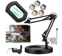 JDHUIOO 15X Rectangle Magnifying Glass with Light and Stand 5 Color Modes Stepless Dimmable, 2-in-1 LED Desk Lamp with Clamp, Hands-Free Magnifier for Reading Craft Repair Hobby Close Work