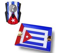 JDIME Cigar Ashtray Ceramic Set, Cuba Flag Patterned, Stainless Steel Cutter, Metal Manual Pocket Tool(C)