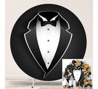 Jditngp 7.2ft Gentleman Tuxedo Round Backdrop Cover Black and White Bow Tie Suit Circle Photo Background for Man Portrait Birthday Party Decoration,Wedding Arch Backdrop Cover,Boy Baby Shower Photos