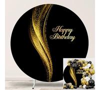 Jditngp Gold Happy Birthday Round Backdrop Cover 7.2ft Black and Gold Round Photography Backdrop Shining Gold Sequins Black Arch Backdrop Cover for Women Man Birthday Party Adult Photo Portrait