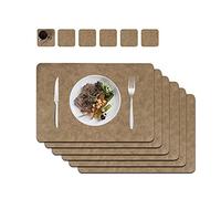 JDkilp Placemats And Coaster Sets 6, Waterproof Non-Slip Place Mats Set Of 6 And Double Thickened Dining Table Mats, Washable Leather Coasters and Placemats for Dining Table (Yellow brown)
