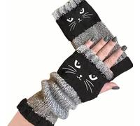 JDKJAG Cat Fingerless Gloves for Women - Knitted Touchscreen Gloves, Cute Cat Embroidery Splicing Leaky Finger Glove For grils, Warm & Stretchy (A) (A)