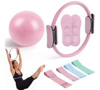 JDKJAG Pilates Essential Kit - Pilates Ring, Long Resistance Bands, Pilates Ball, Pilates Grip Socks, Portable Home Fitness Equipment for Toning, Strength & Flexibility (Pink)