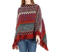 Jdlsppl Women's Boho Poncho Sweater Zig Zag Knit Pullover Adult Mexican Aztec Poncho Wrap Fall Winter Hippie Soft Convertible Tassel Fringe Crochet Shawl Asymmetrical Cape Burgundy One Size