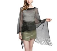 Jdlsppl Women's Knit Shawl Wrap Metallic Fringe Poncho Sheer Fishnet Cape Top Soft Long Loose Swing Summer Beach Capelet, Black, One size