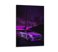 JDM Purple Neon Sports Car for GTR R34 Skyline Street Race Car Decorative Painting Canvas Art Picture 16x24inch(40x60cm)