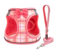 JdotMIN Plaid Dog Harness and Leash Set, Extra-Small/Small to Medium Dog and Cat Vest Harness No Pull, Escape Proof, For Walking Puppy and Kitten, For Travel and Car (Pink, M)