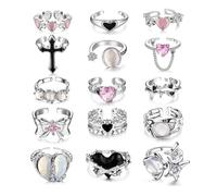 JDRGJTH 15 Pcs Y2k Rings For Women Adjustable Irregular Punk Grunge Gothic Goth cute Cross Moonstone Star Pink Heart Cool Ring Vintage Accessories Ring Set