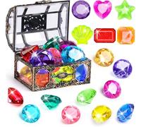 JDSTY Diving Gem Pool Toys Set, 16 Pieces, with Pirate Treasure Chest, Colourful Diamond Dive Gems, for Kids and Toddlers, Underwater Swimming Training