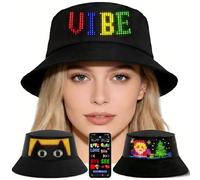 JDVOOTD LED Bucket Hat Fishing Hat Programmable with App Control, Luminous Hat with Script Display, Cyberpunk Festival Outfit Rave Party Hat for Men Women, USB-C Black