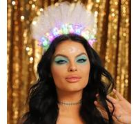 JEAIRTS Light Up Happy Birthday Headband Silver Glowing Pearls Veil Headpiece Hair Band Led Hair Accessories for Women