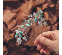 Jeairts Turquoise Hair Pins Silver Leaf Wedding Headpiece Glitter Rhinestone Bridal Hair Accessories for Women(Pack of 2)