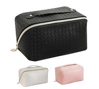 JEAMZHU Large Capacity Travel Cosmetic Bag 180°casement design check woven cosmetic bag for daily use on the road, black, Classic