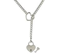 Jean Beau Chunky Heart Locker With Key O-Ring Slip Chain Necklace for Men Women, Punk Rock Cuban Miami Stainless Steel Adjustable Long Lariat Y-Necklace Jewelry Gift, Stainless Steel, No Gemstone
