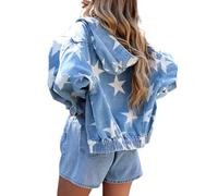 Jean Jacket Women Oversized Black Denim Jacket, Hooded Stars Print, XL