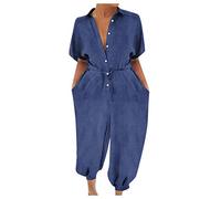 Jean Jumpsuit for Women UK Loose Fit One Piece Short Sleeve Distressed Casual Button Down Harem Denim Dungarees Baggy Onesie Romper Playsuit Coveralls with Pockets