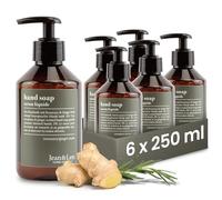 Jean & Len hand soap Rosemary & Ginger, cleanses stressed hands, for daily use, liquid soap in refillable pump dispenser, without parabens, silicones & microplastics, 6 x 250 ml