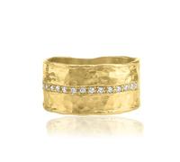 Jean Rachel Jewelry 14K Gold Plated Sterling Silver Ring with 0.13 TCW Cubic Zirconia - Vintage Design Half Eternity Band Hammered Statement Rings for Women - Hypoallergenic,Lead & Nickel Free Jewelry