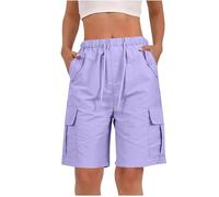 Jean Shorts for Women UK Ladies Bermuda Shorts Baggy Short Cargo Pants with Multiple Pockets Summer Drawstring Elasticated Waist Half Pants for Outdoor Hiking Work Travel Golf Purple