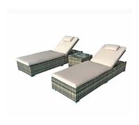 jeana rattan garden sun loungers with drink table in brown