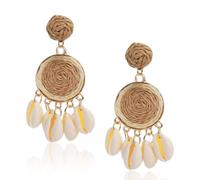 JeanBeau Boho Raffia Shell Dangle Statement earrings for Women Teen Girls - Large Handmade Bohemian Colorful Rattan Straw Wrap Round Drop Cowrie Seashell Dangling Summer Beach Tropical Accessories