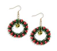 JeanBeau Christmas Jingle Bell Wreath Dangle Drop Earrings for Women Teen Cute Handmade Beaded Hoop Dangling Holiday Earrings Jewelry Outfit Party Gifts, Leather, No Gemstone
