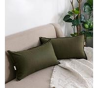 Jeanerlor Cotton Linen Square Decorative Throw Pillow Case Cushion Cover with Twin Needles Stitch on Edge, 12"x20"(30 x 50cm), 2 Pcs, Olive Green