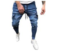 Jeans for Men UK - Mens Jeans Tapered Slim Fit Cargo Pants Drawstring Multi Pockets Chino Trousers Comfortable Jogger Bottom Athletic Sweatpants Blue L