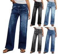 Jeans for Women Uk Elastic Waist Baggy Straight Leg Pull on Jeans with Pockets Stretchy Curve Denim Pants Plazzo Trousers Ladies Gym Yoga Trousers Tummy Control Jeggings Loose Fit Denim Pant