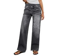 Jeans for Women Uk Elastic Waist Baggy Straight Leg Pull on Jeans with Pockets Stretchy Curve Denim Pants Plazzo Trousers Ladies Gym Yoga Trousers Tummy Control Jeggings Loose Fit Denim Pant