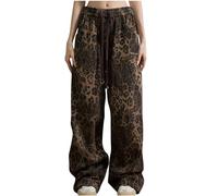 Jeans for Women UK Leopard Print Wide Leg Jeans High Waisted Pull On Stretch Comfy Palazzo Trousers Y2K Street Hip Hop Boyfriend Denim Pants Casual Trousers with Pockets for Everyday Wear XXS-3XL