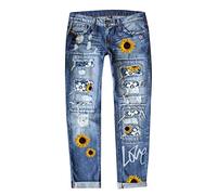 Jeans for Women UK, Ripped Jeans Womens, Ladies Trousers Regular Fit Straight Leg Distressed Patchwork Stretchy Denim Pants