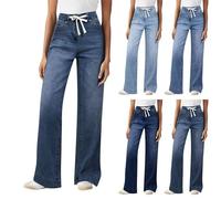 Jeans for Women Wide Leg, Casual High Waisted Denim Trousers with Drawstring Tie Waist, Ladies Relaxed Fit Straight Leg Comfy Lounge Pants with Side Pockets