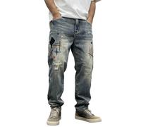 Jeans Men's Destroyed Jeans Ripped Skinny Jeans Straight Wide Leg Jeans with Embroidery Denim Pants with Pockets Denim Trousers High Waist Slip-On Jeans Y2K Hip Hop Streetwear, O Blue, 32